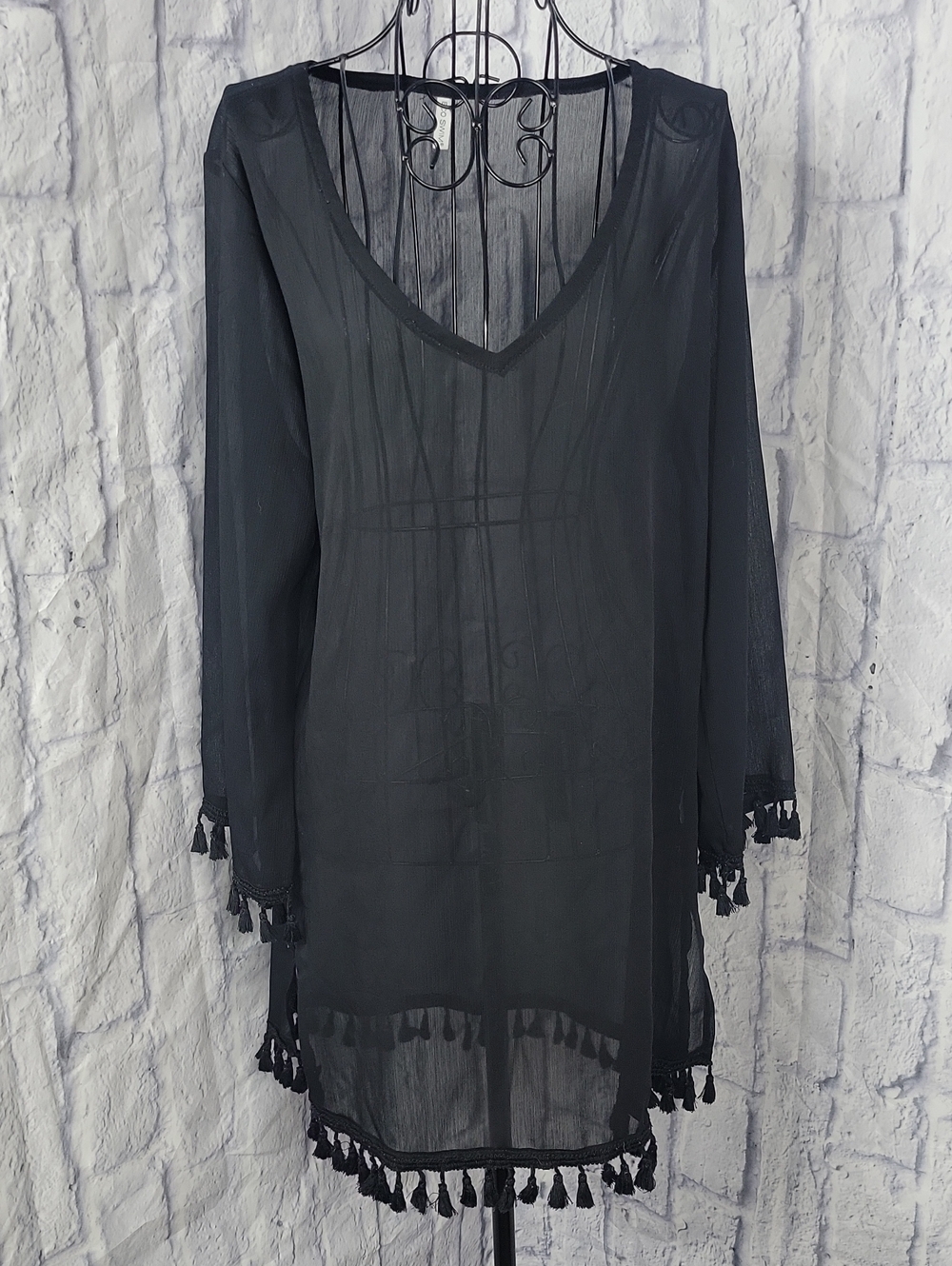 Eco Swim Black Sheer Tassel Beach Cover-Up Tunic OS